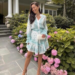 White & Teal Printed Tiered Tie-Waist Midi Dress with Long Sleeves